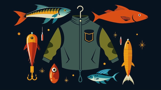 Вектор От ручных рыболовных приманки до дизайнерской рыболовной одежды каждая деталь тщательно выбрана, чтобы