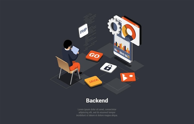 Vector front back end of development responsive web design website interface coding and programming character develop new mobile applicatopn using html language isometric 3d cartoon vector illustration