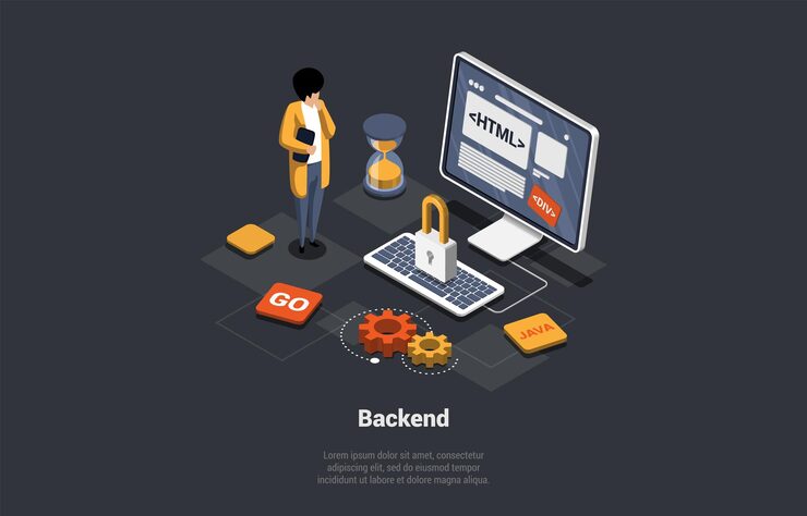 Vector front back end of development responsive web design website interface coding and programming character develop new startup project using html language isometric 3d cartoon vector illustration