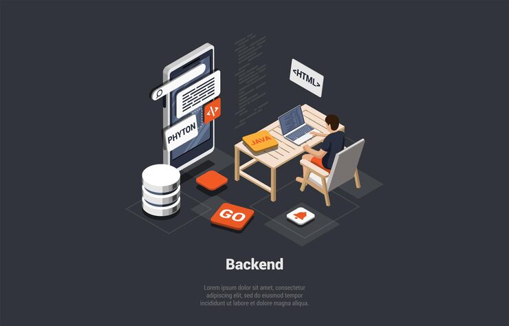 Vector front and back end of development responsive web design website interface coding and programming it developer develop new startup project using python language isometric 3d vector illustration