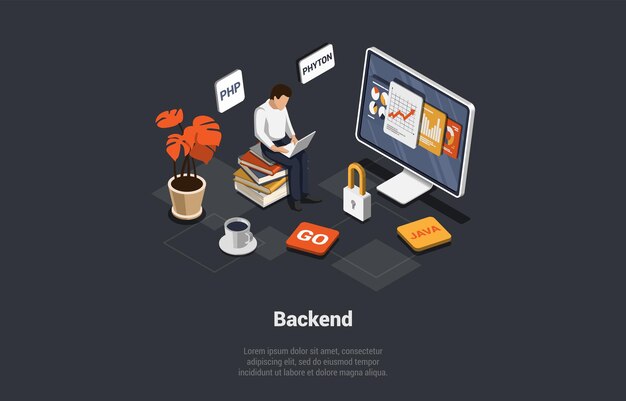 Vector front back end of development responsive web design website interface coding and programming male character develop new website using python and php languages isometric 3d vector illustration