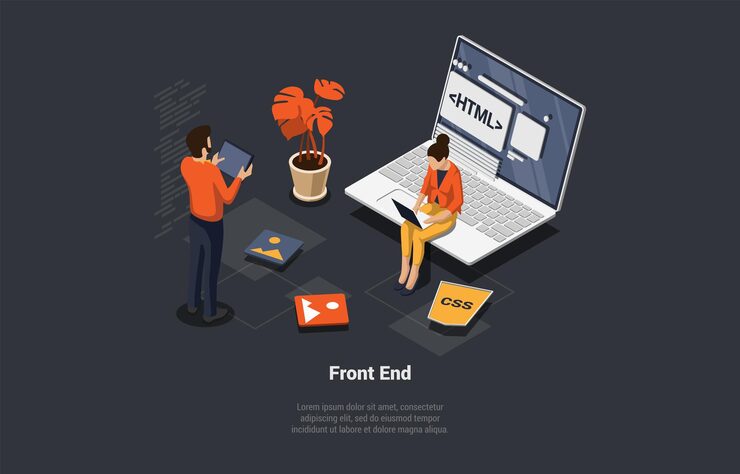 Vector front and back end of development responsive web design website interface coding and programming man and woman it developers working on new startup or project isometric 3d vector illustration
