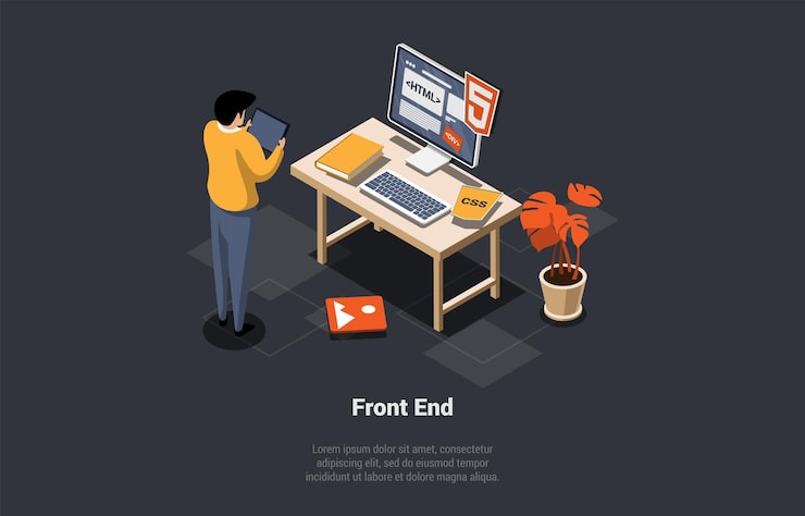 Vector front and back end of development website interface and programming male character control process of developer coding website using css python and html languages isometric 3d vector illustration