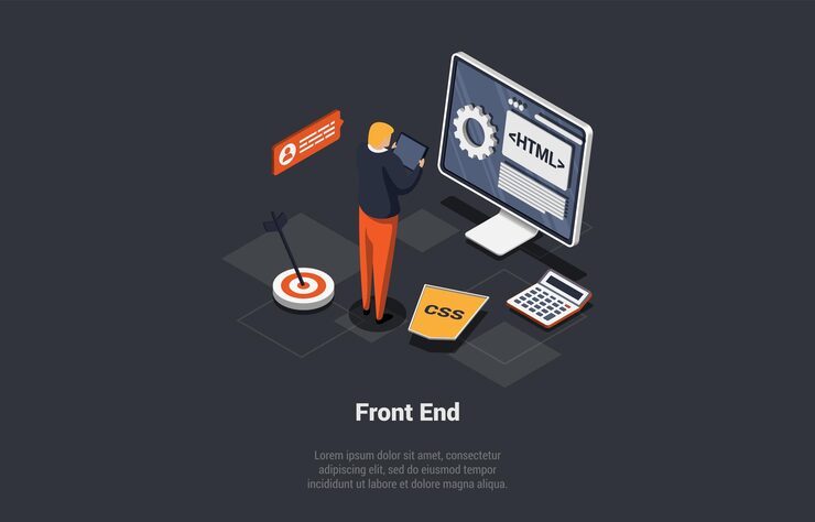 Vector front and back end of development website interface and programming man team lead control process of developer coding website using css python and html languages isometric 3d vector illustration