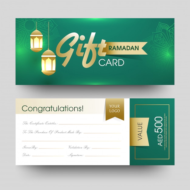 Front and back view of ramadan gift card with hanging illuminate