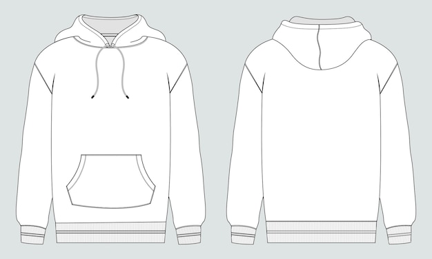 Vector the front and back of a white hoodie with the front pocket open.