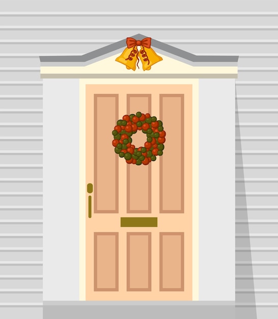 Front door decorated for christmas. garland and wreath of holly.