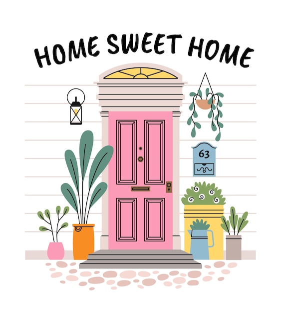 Front door house exterior Architecture facade elements home wall entrance design porch and threshold outdoor plants sweet home lettering postcard or poster vector cartoon flat concept