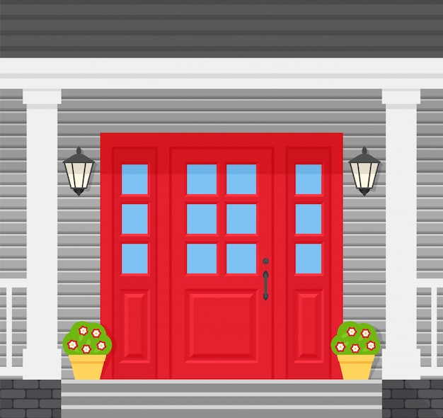 Front door, porch house.   illustration in flat design.