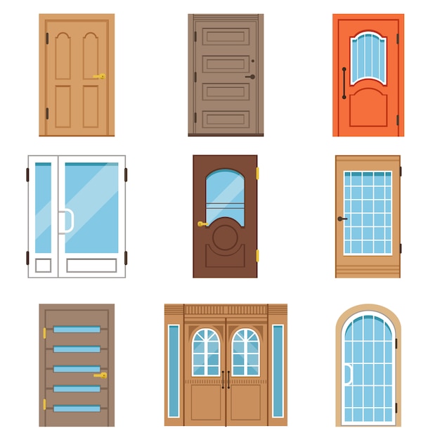 Front doors, collection of vintage and modern doors to houses and buildings vector illustrations