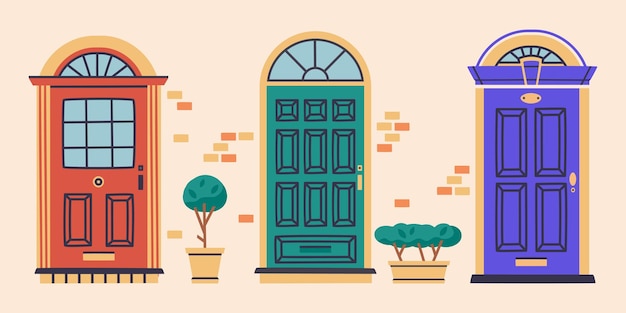 front doors house entrances residential building doorways home facade closed doors flat vector illustration set