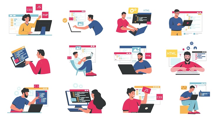 Vector front end and back end development abstract characters working on responsive web design website app interface programmers coding and creating software for pc vector set