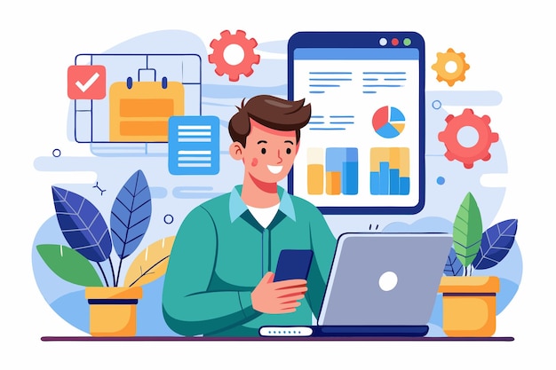 a front end developer engages with a mobile app on his smartphone at a workspace with digital charts front end developer with mobile application