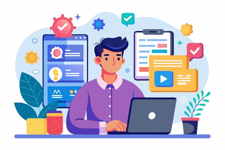 Vector a front end developer focuses on coding and designing applications at a desk surrounded by technology front end developer with mobile application or program