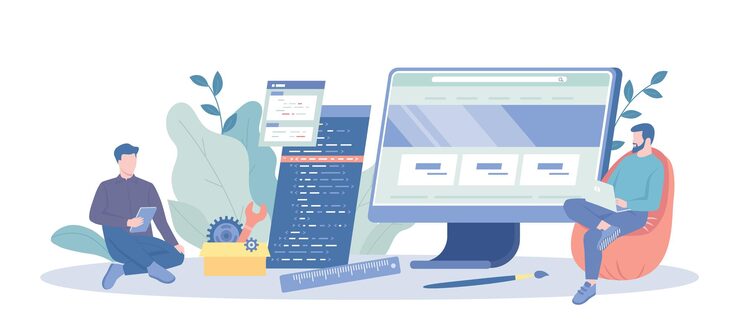 Vector front end development programming and coding front end developers work on web interfaces vector i
