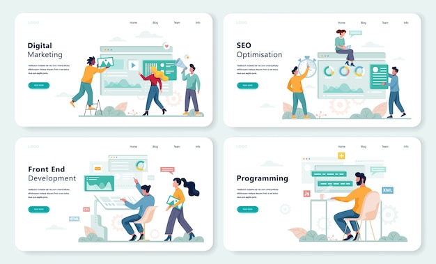 Front End development, programming web banner  concept set. Web profession such as programmer and developer, software optimization.   illustration in  style