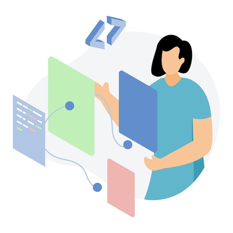 Vector 프론트 엔드 웹 개발 일러스트레이터는 데스크에서 html css 코드에 초점을 맞추고 있습니다.