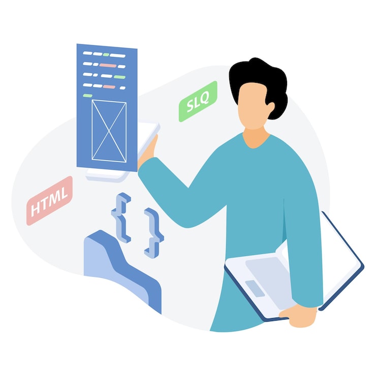 Vector 프론트 엔드 웹 개발 일러스트레이터는 데스크에서 html css 코드에 초점을 맞추고 있습니다.