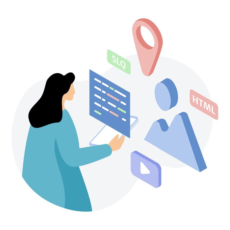 Vector 在桌面上使用html css代码的前端web开发插图器 专注于大气