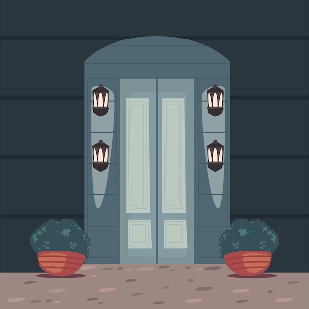 Front gray door with lanters scene