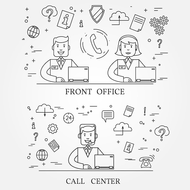 Linea sottile dell'icona del concetto di front office e call center per il web