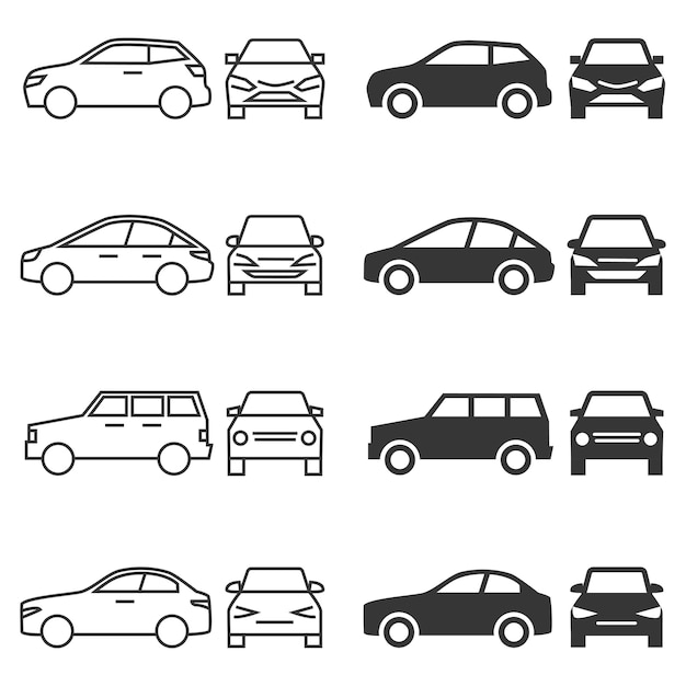 Front and side view car icons - line and silhouette cars isolated on white background.