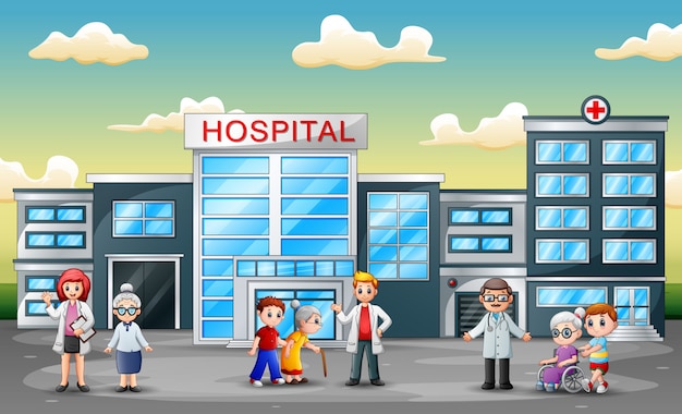 Vector front side view of hospital with staff and ambulance