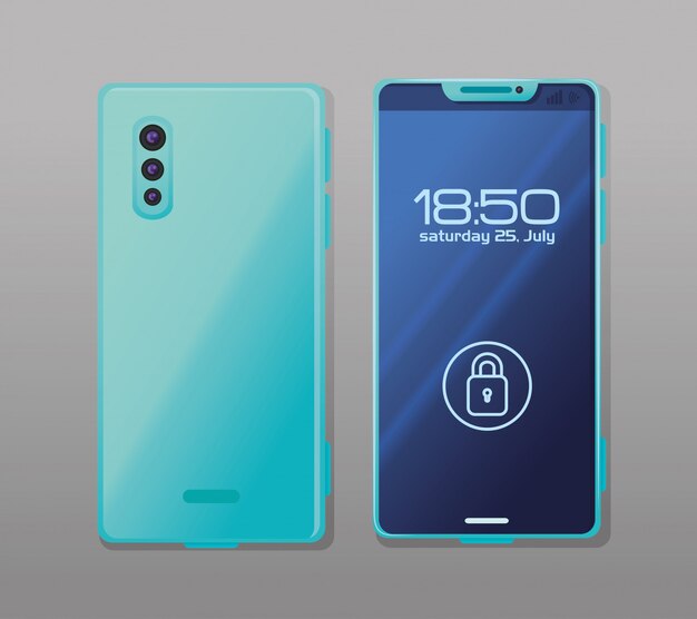 Front and side view, realistic smartphone mockup with padlock security