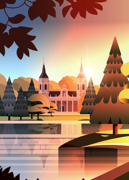 Vector front view of administrative governmental traditional classic building and church in public summer city park