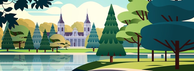 Vector front view of administrative governmental traditional classic building and church in public summer city park