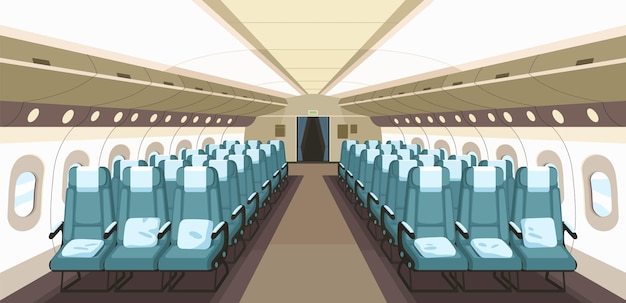 Front view of airplane interior design with aisle, reclining seats and portholes. empty aircraft cabin of economy class. inside modern plane. colored flat vector illustration.