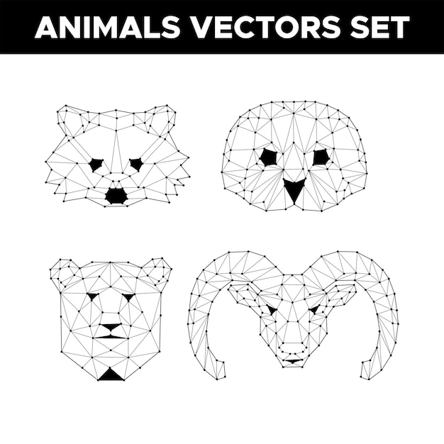 Vettore vista frontale del set di icone triangolari a testa di animale, design geometrico alla moda.