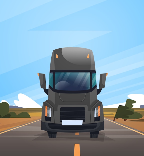 Vector front view of cargo truck trailer driving on coutryside road over blue sky landscape