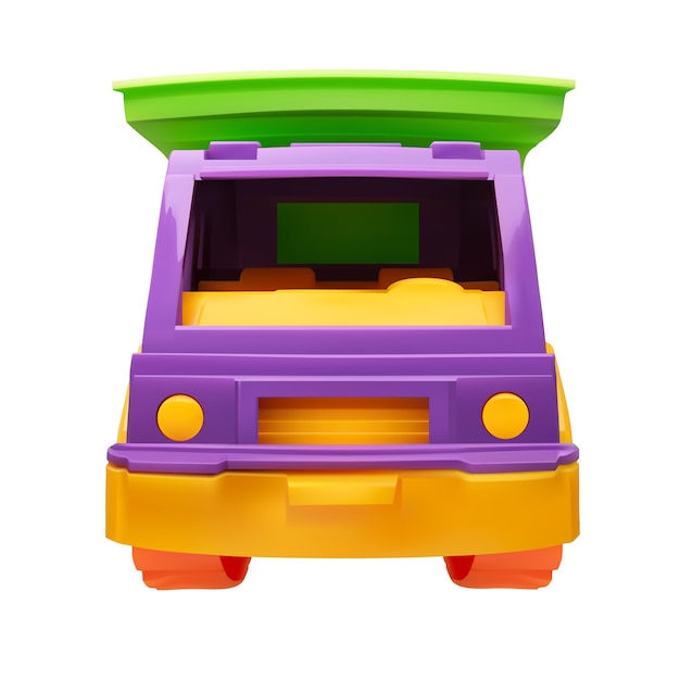 Illustrazione di plastica di vettore dell'autocarro con cassone ribaltabile del giocattolo dei bambini di vista frontale