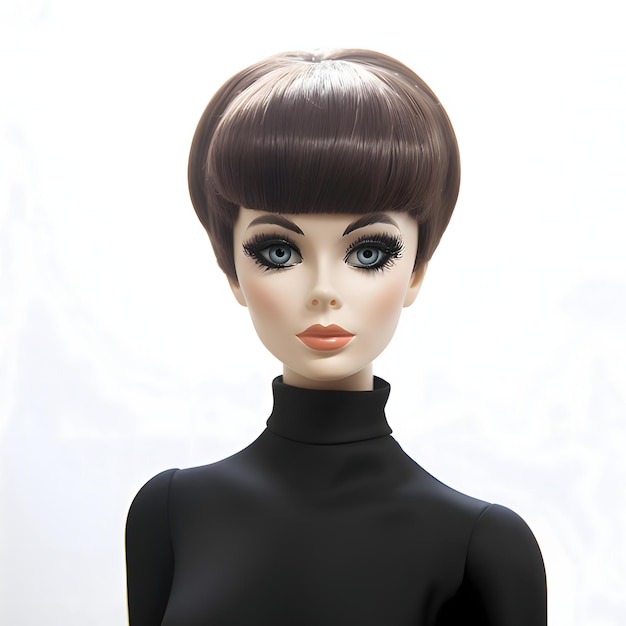 Vettore vista frontale di una graziosa bambola barbie bruna che indossa un abito nero posata su uno sfondo bianco isolato
