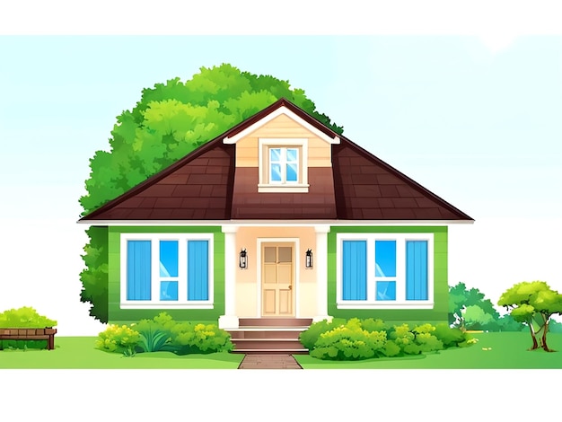 Front view of a house with nature elements on a white background illustration AI_Generated