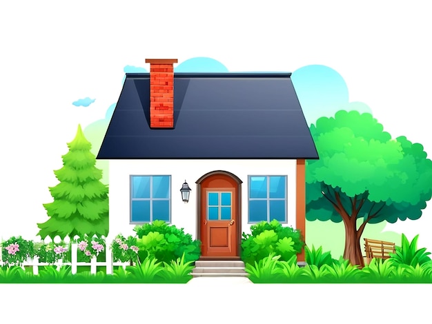 Front view of a house with nature elements on a white background illustration AI_Generated