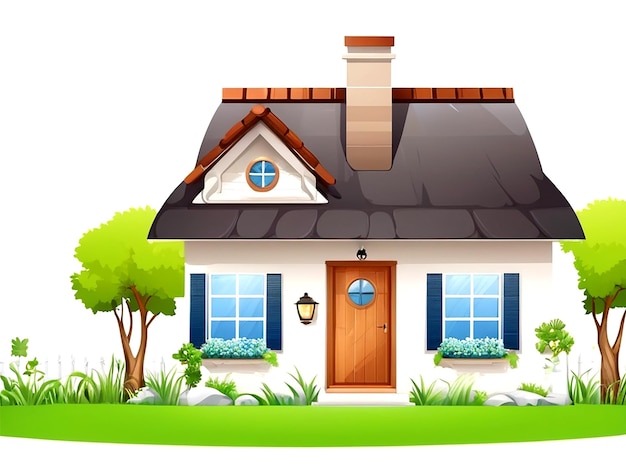 Front view of a house with nature elements on a white background illustration AI_Generated