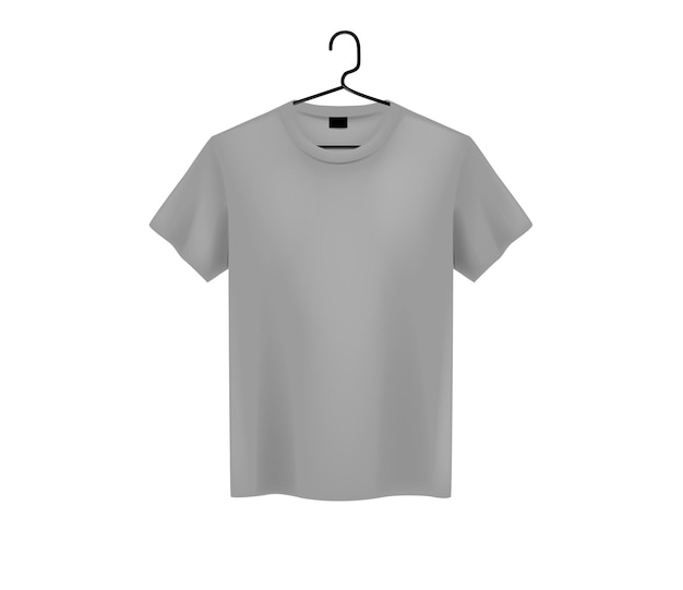 Vector front view of men's gray tshirt mockup on metal hanger and light background short sleeve tshirt template on background