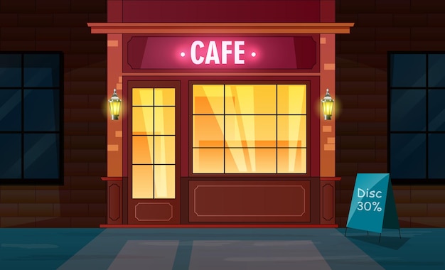 front view of night cafe exterior from street