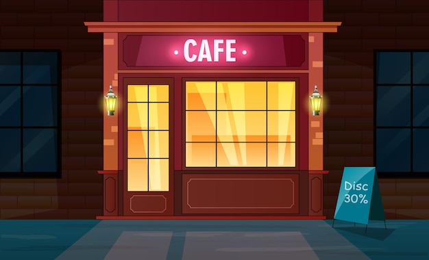 Vector front view of night cafe exterior from street