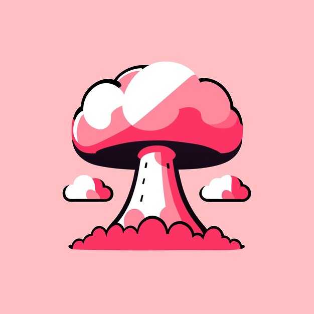 Vector front view nuclear explosion pink tones white background nuclear clouds on top vector illustration