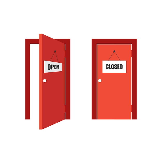 Вектор Вид спереди открытые и закрытые красные входные двери иконка двери векторная иллюстрация изолирована