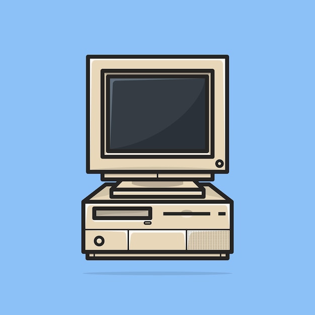 Front view of a realistic computer monitor with cpu. Vector illustration isolated on blue background