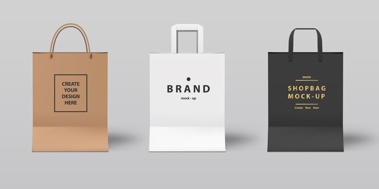 Front view of Realistic shopping bag mock-up set white,black and paper,  for branding.
