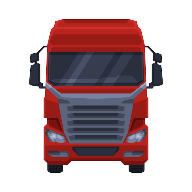 Front View of Red Truck Cargo Delivery Semi Truck Flat Vector Illustration