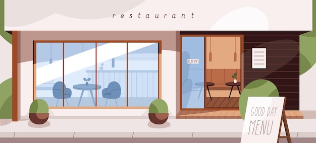 Front view of restaurant exterior from street. Cafe building with open glass door, window and furniture. Empty modern coffeehouse from outside. Urban cafeteria facade. Colored flat vector illustration