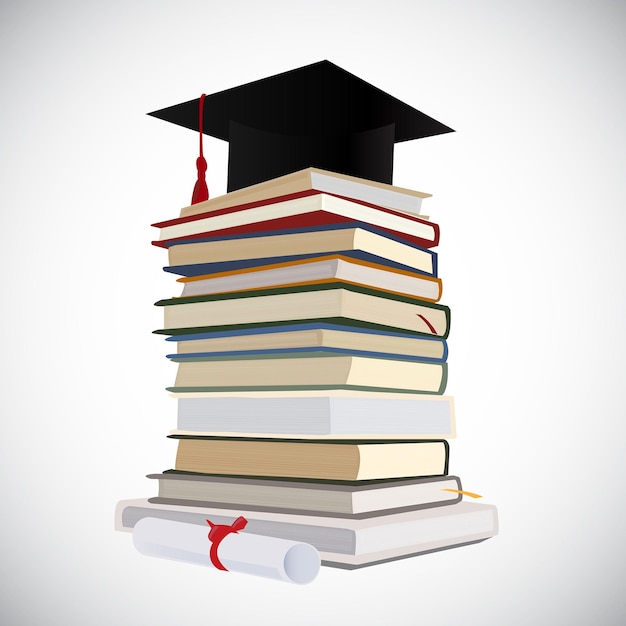 Vector front view stacked books graduation cap diploma education