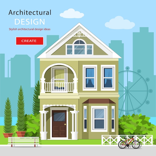 Vector front view of suburban home in snowfall. cute graphic house with trees. winter landscape with city background.    illustration.