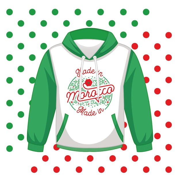 Front of white and green hoodie isolated Logo made in morocco plus arabesque shape printed